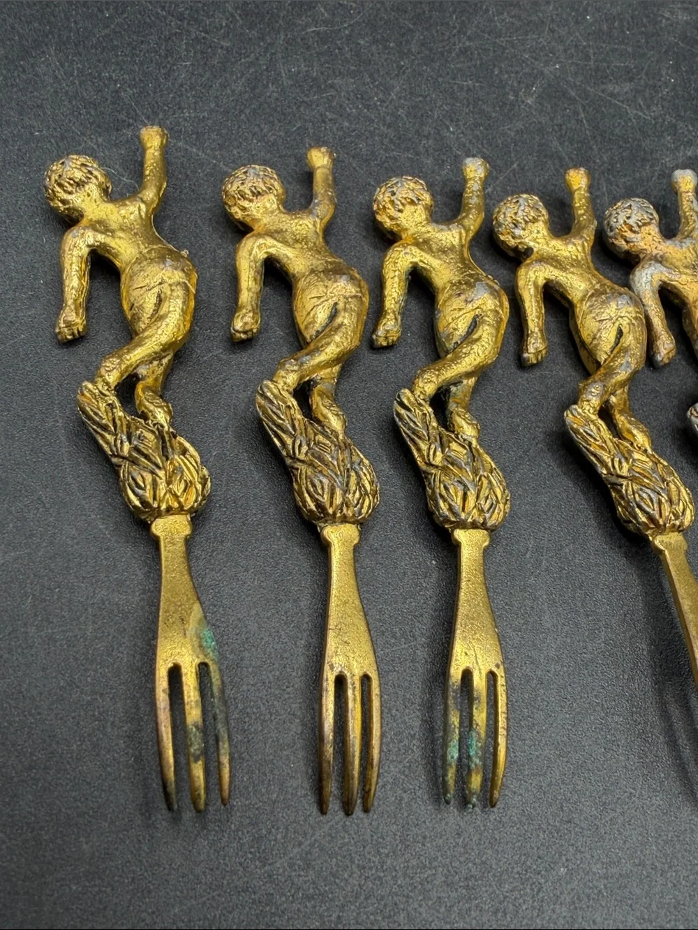 Vintage Cherub Cocktail Forks Mid Century Ornate Baroque Appetizer Utensils Set5
